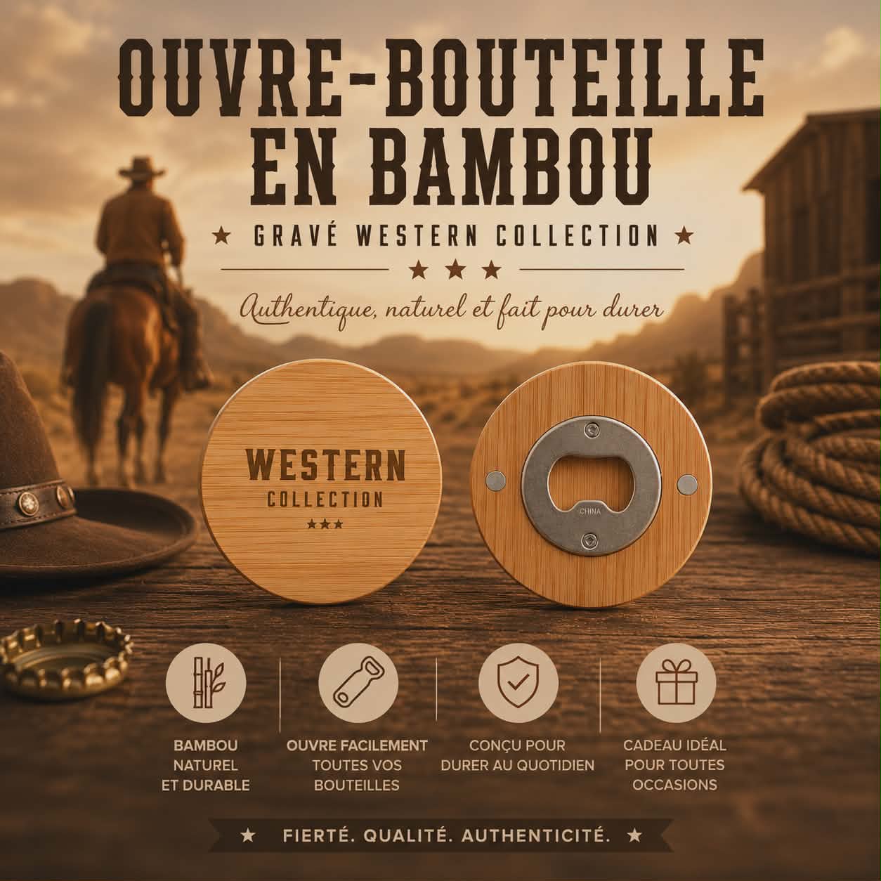 Ouvre-bouteille en bambou gravé – Western Collection