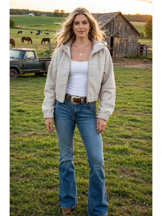 Veste Bomber Dusty couleur Gruau portee, vue de face